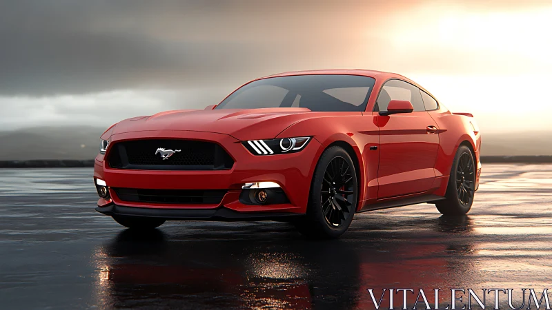 Sunlit red sports coupe poised on a rain-kissed roadway.