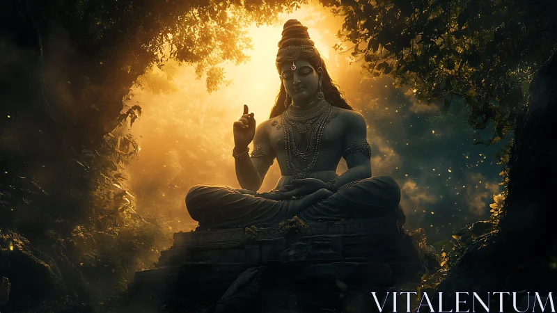 Digital painting of meditative deity in luminous forest shrine.