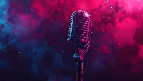 Retro chrome microphone under neon magenta stage haze.