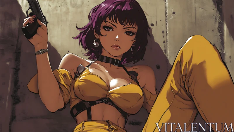 Confident anime heroine resting with bold yellow style.