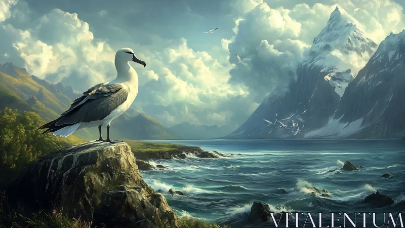 Seabird sentinel above storm-kissed fjord of emerald waves.