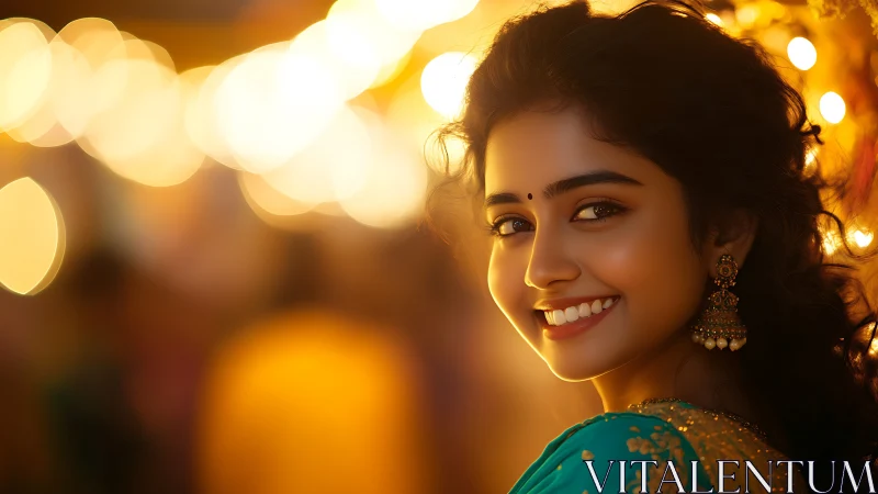 Shallow depth-of-field portrait with warm bokeh and festival lighting