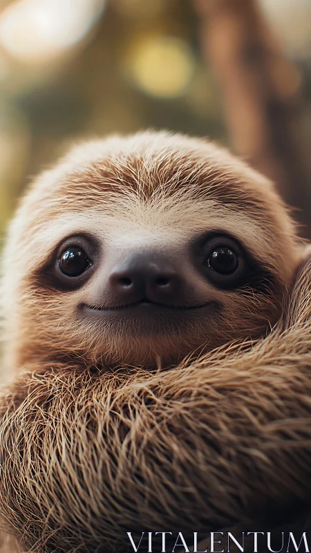 Close-up baby sloth portrait with warm forest bokeh background.