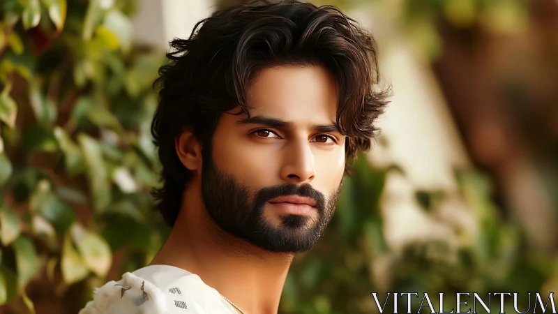 Handsome bearded man gazes softly amid sunlit greenery