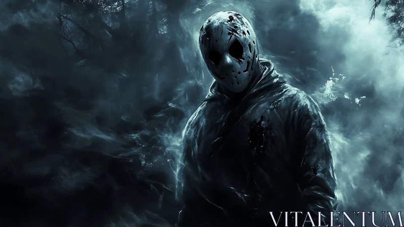 Masked figure stalks through eerie fog in haunted forest night