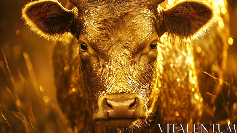 Golden-toned cow portrait in close frontal field view.