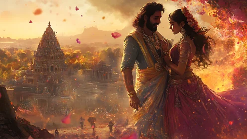 Sunlit temple romance amid drifting rose petals at dusk.