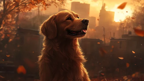 Golden retriever in warm autumn city sunset scene.