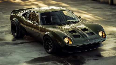 Widebody retro sports coupe with deep green paint and wet-ground reflections