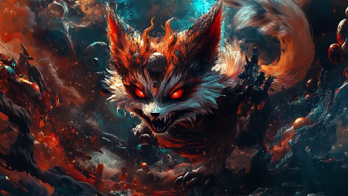 Three-eyed infernal fox rendered in high-contrast digital painting