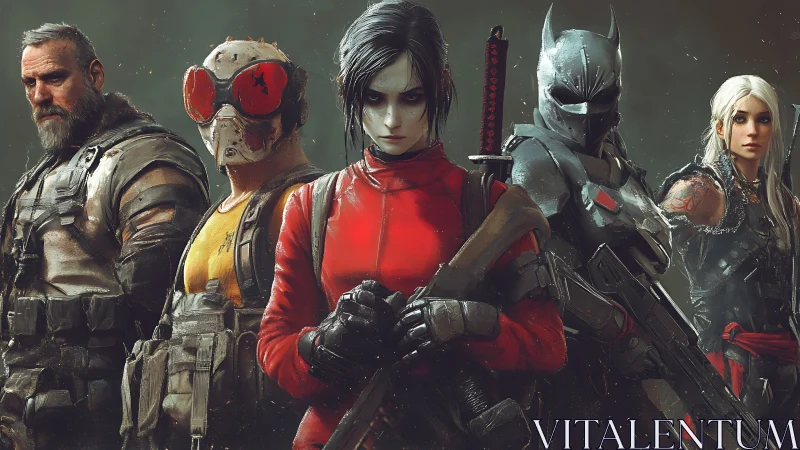 Futuristic mercenary squad lineup in detailed digital art.