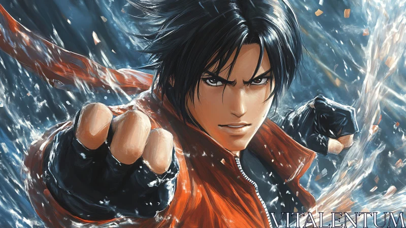 Dynamic close-up of martial artist punching through liquid shards