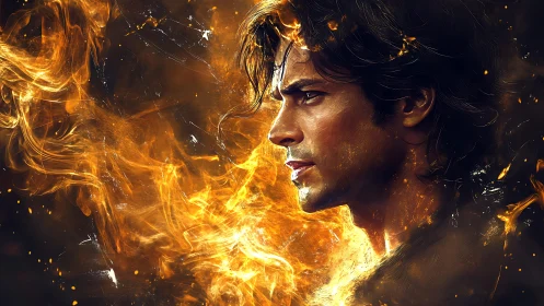 Fiery male portrait immersed in swirling golden flames.