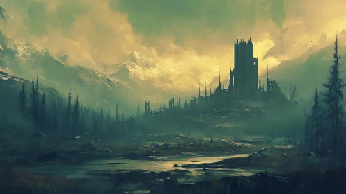 Brooding dark citadel looming over mist-laden valleyscape.