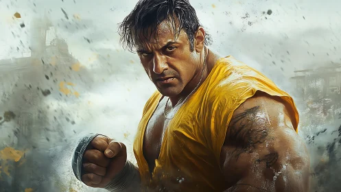 Muscular fighter stands ready in storm of flying debris