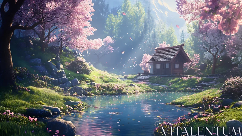Serene riverside cottage amid luminous spring cherry blooms.