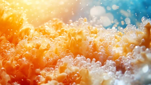 Luminous macro foam erupts in vivid orange and blue light