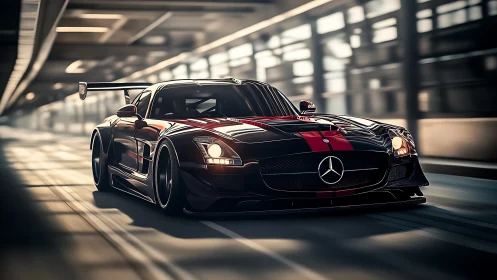 Mercedes race car rendered in motion within tunnel scene.