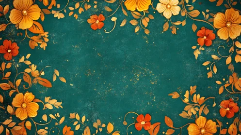 Golden Blooms Dance Against Teal Elegance and Vintage Decay