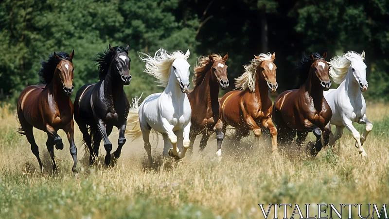 Wild-maned stallions thunder across a sunlit meadow in stride.