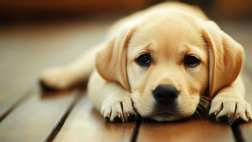 Gentle golden puppy rests on wooden floor with soulful eyes