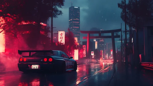 Neon-lit GT-R in rain-soaked tokyo street with torii gates at dusk