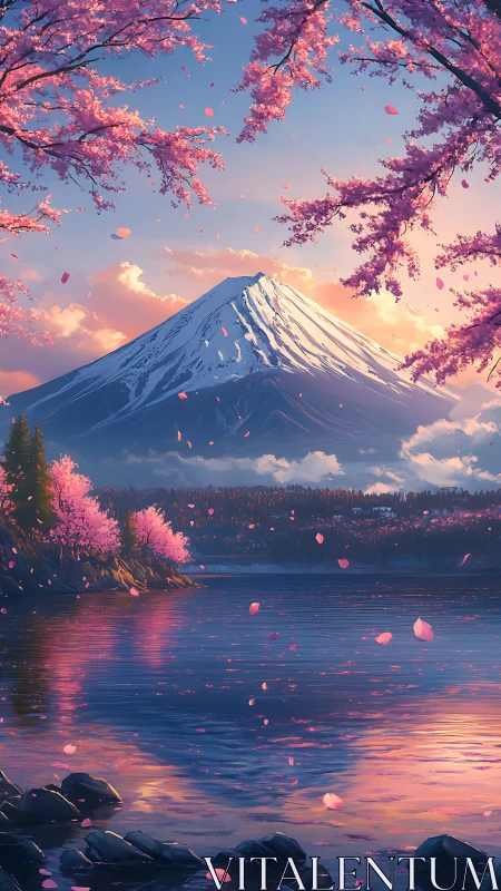 Blushing sakura drift across twilight lake and snow peak.
