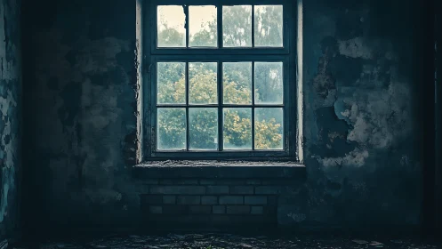 A decayed interior window frames soft foliage under muted light