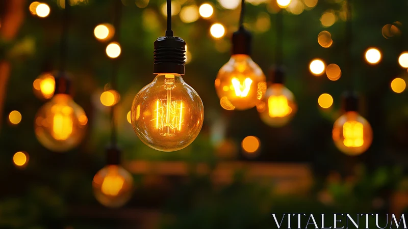 Twilight garden aglow with golden bistro bulbs and soft bokeh.