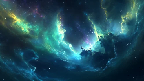 Glowing cosmic clouds opening onto a dreamy starry sky.