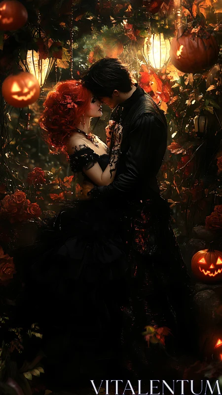 Gothic Romantic Embrace: Halloween Fantasy with Luminous Pumpkin Atmosphere