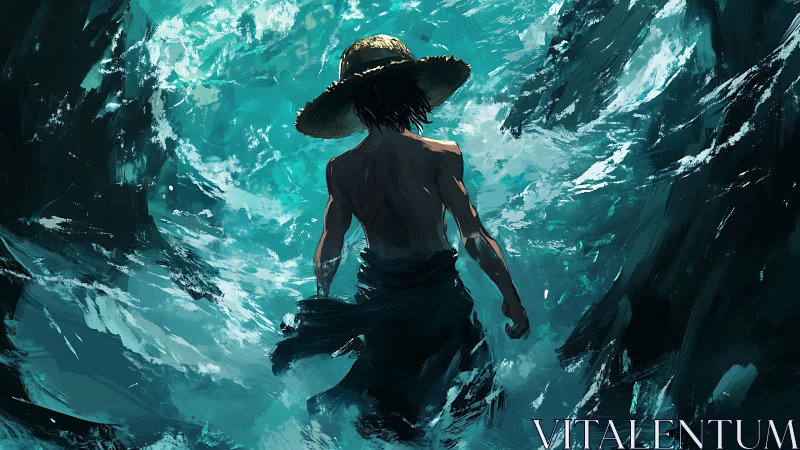 Storm-lit wanderer strides through wild teal ocean waves