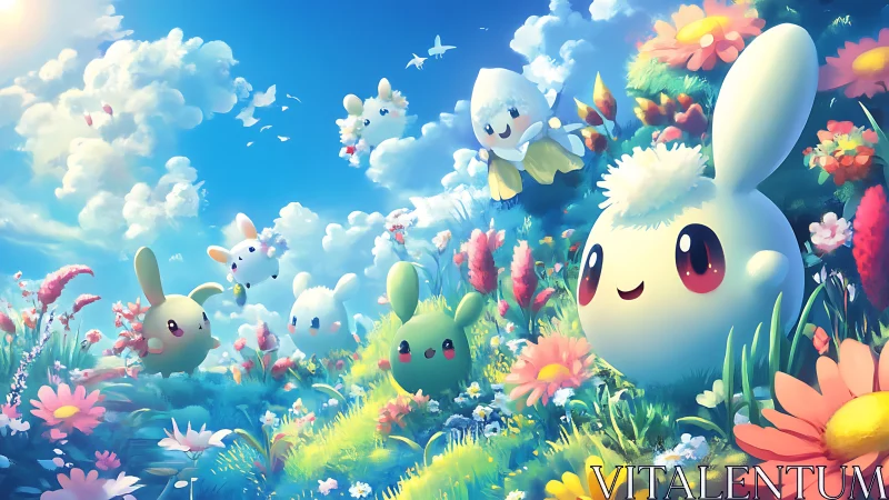 Cartoon creatures in bright flower field under blue sky.