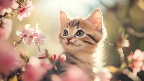 Tabby Kitten Surrounded by Delicate Pink Blossoms.