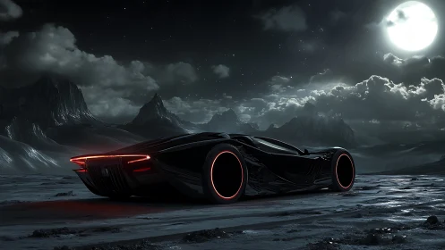 Cyberpunk supercar under lunar-lit wasteland sky panorama.