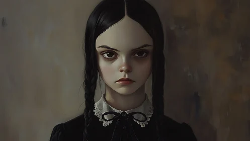 Digital painting portrait of stern girl in gothic attire.