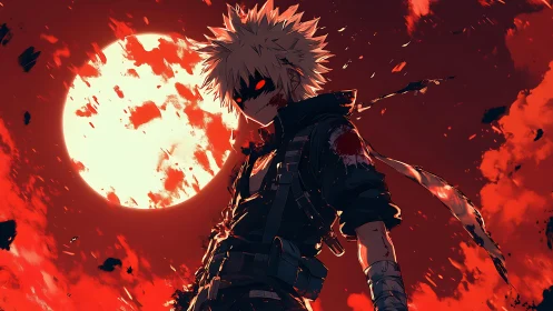 Bloodied anime warrior stands defiant under a burning moon