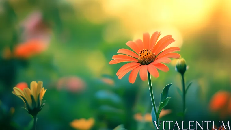 Gerbera Daisy in Shallow Focus: Vivid Orange Petals Against Verdant Background