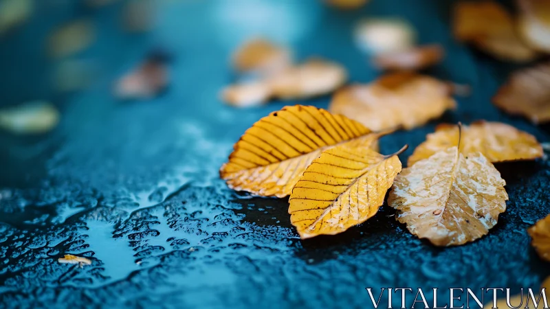 Yellow leaves on wet blue surface in shallow depth of field.