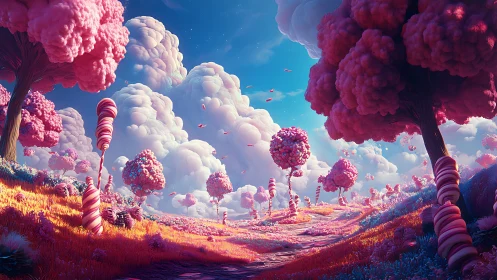 Candy cloud forest glows beneath a sugar-bright sky