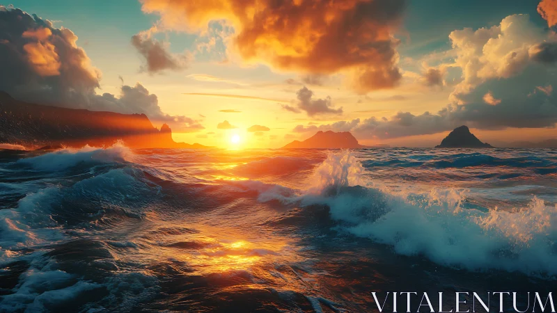 Sunlit waves roll beneath blazing clouds at sea horizon.