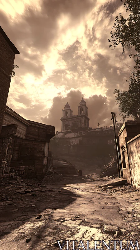 Sepia-toned ruined alleyway framing distant baroque cathedral.
