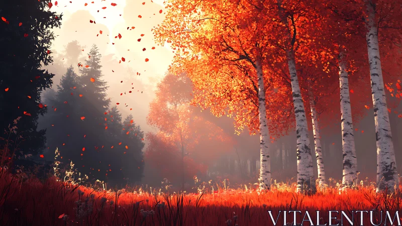 Autumnal Forest Pathway with Luminescent Canopy and Falling Leaves.