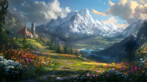 Mountain valley landscape shows path, flowers and distant abbey