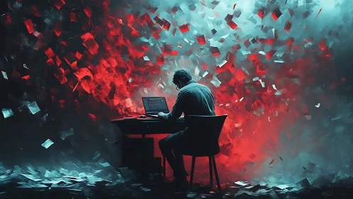 Solitary coder framed by explosive red digital shards.