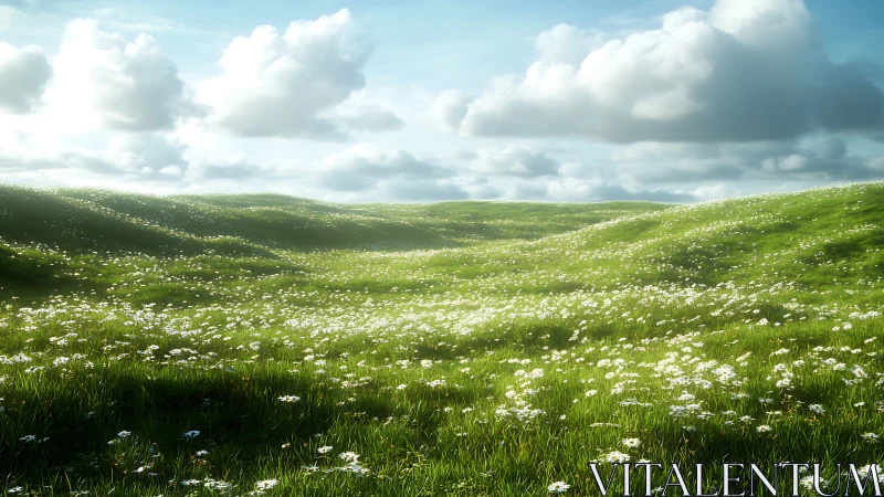 Sunlit green hills covered with white wildflower meadow.