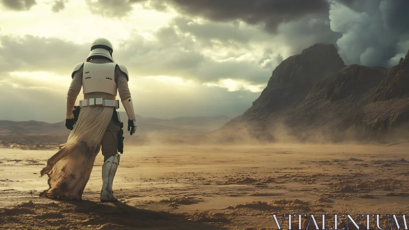 Armored figure surveys arid landscape under dense storm clouds