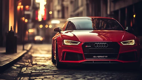 Red sports coupe dominates moody cobblestone city street.