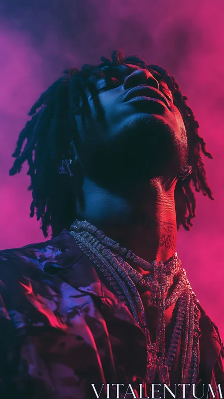 Portrait shows low-angle view of subject in colored lighting