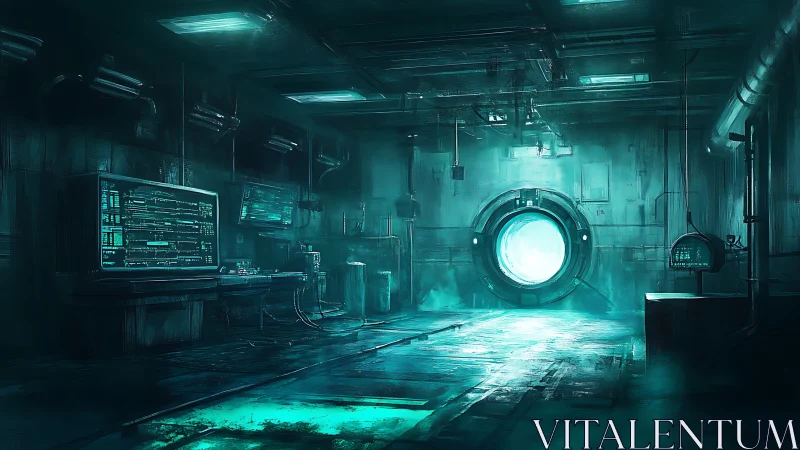 Cyberpunk lab corridor glows with active vortex portal.